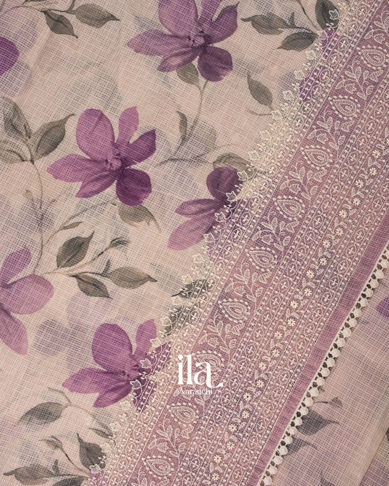 Off White Digital Printed Semi Kota Saree