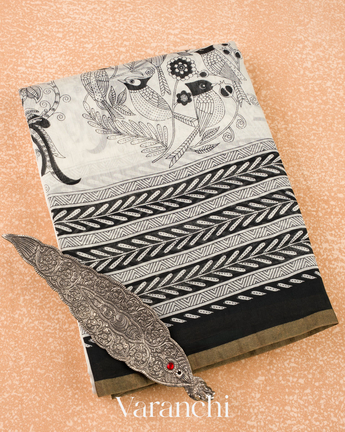 Off-White And Black Pure Cotton Saree