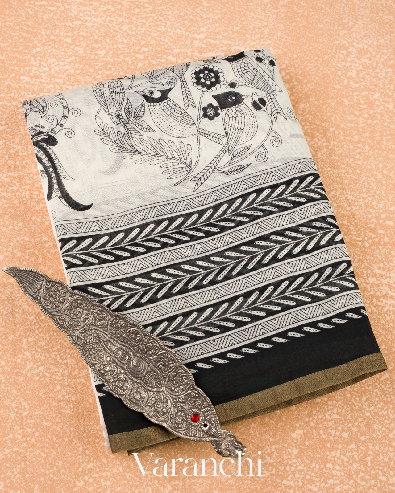 Off-White And Black Pure Cotton Saree