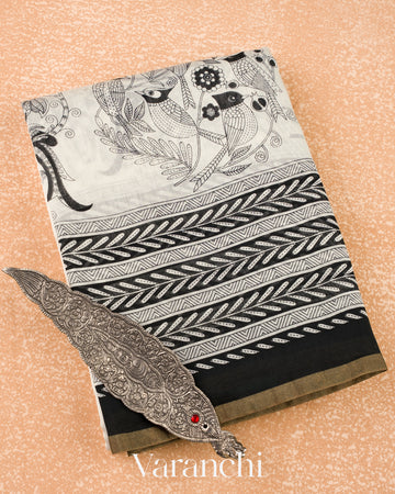 Off-White And Black Pure Cotton Saree
