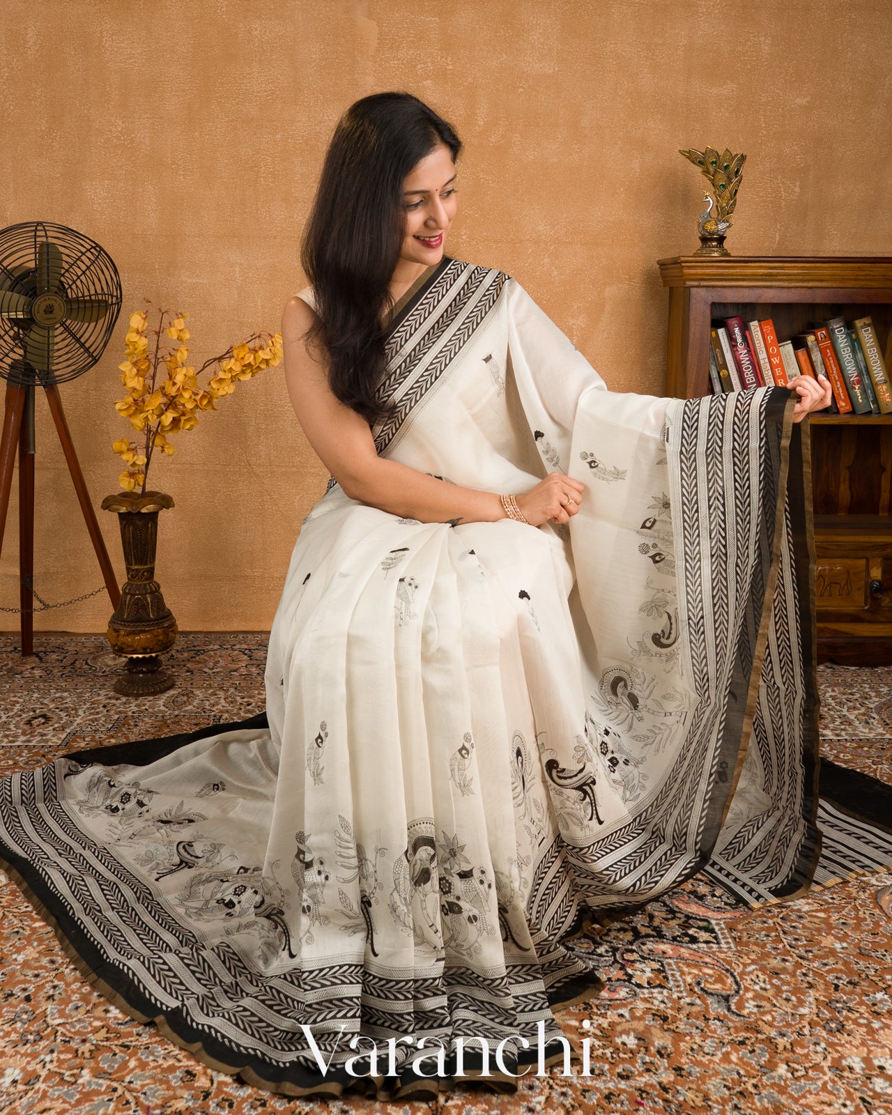Off-White And Black Pure Cotton Saree