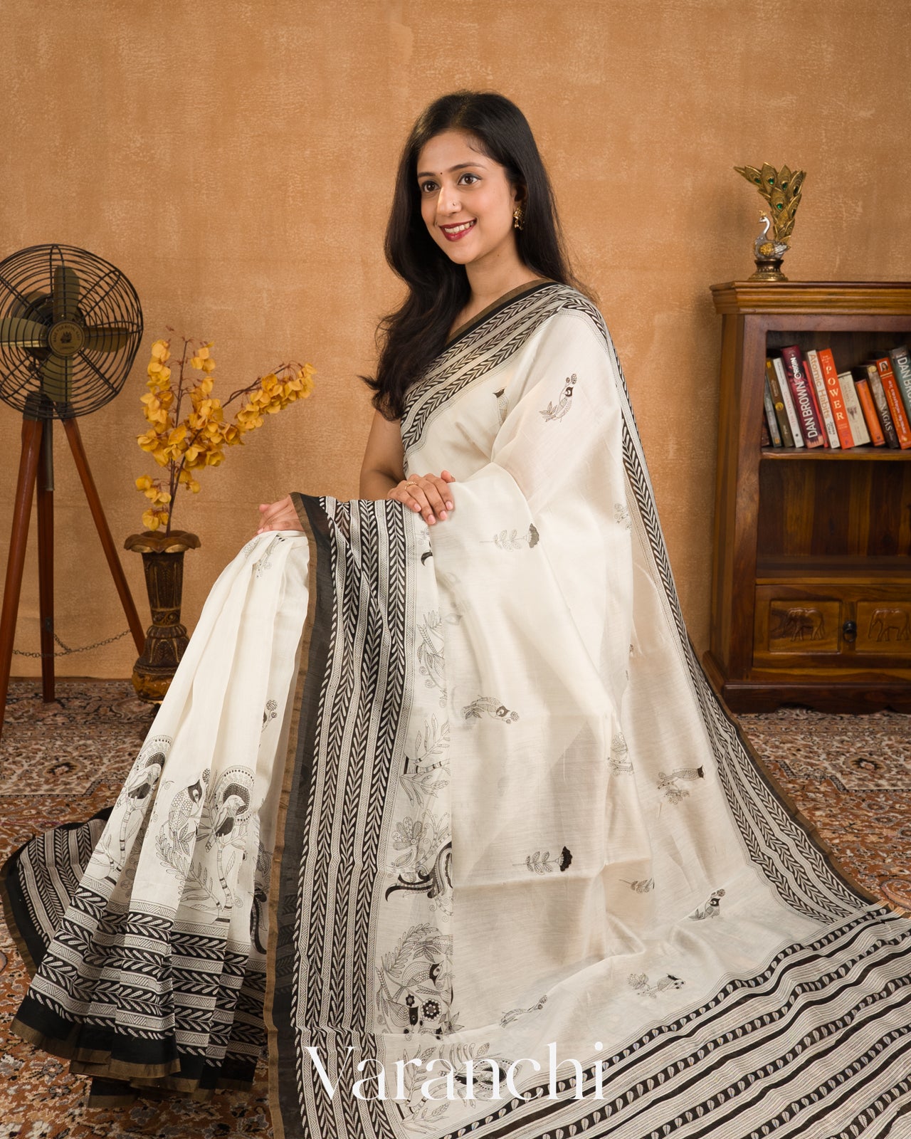 Off-White And Black Pure Cotton Saree