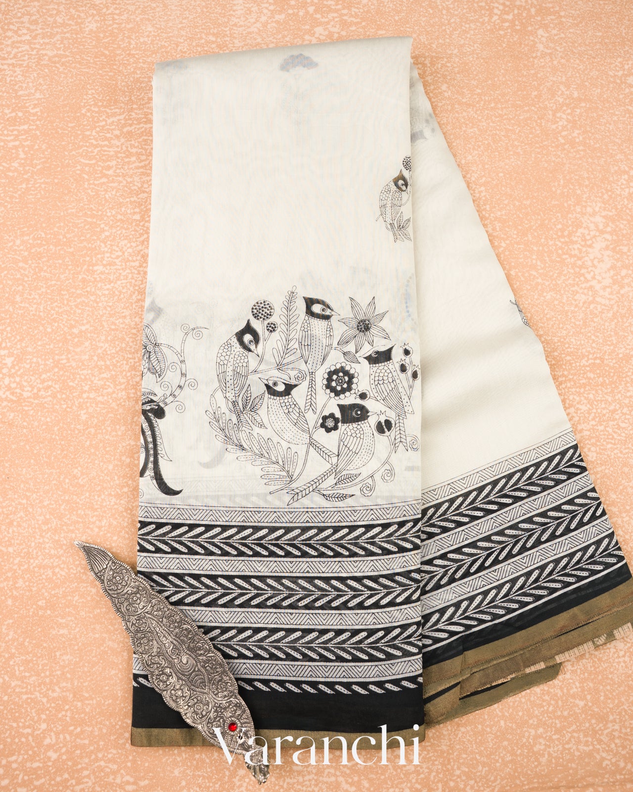 Off-White And Black Pure Cotton Saree