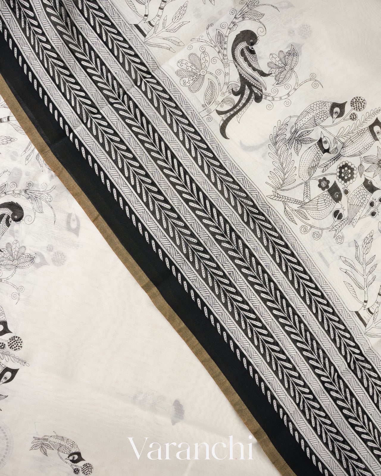 Off-White And Black Pure Cotton Saree