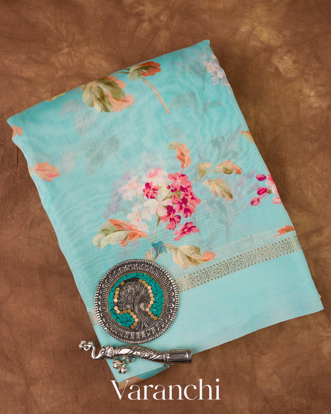 Aqua Blue Digital Printed Cotton Saree