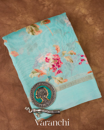 Aqua Blue Digital Printed Cotton Saree