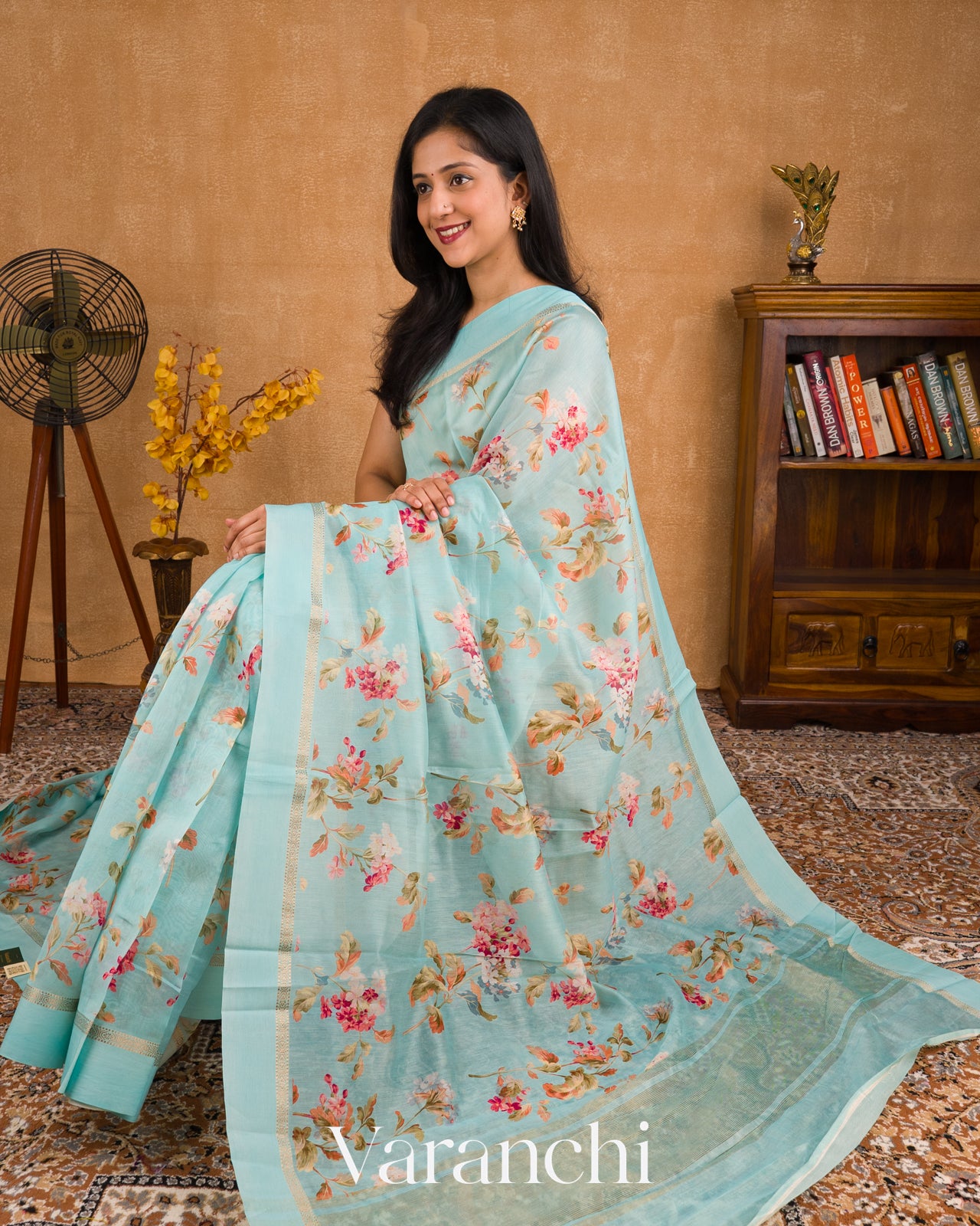 Aqua Blue Digital Printed Cotton Saree