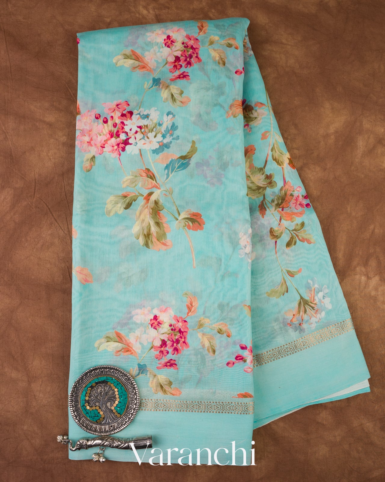 Aqua Blue Digital Printed Cotton Saree
