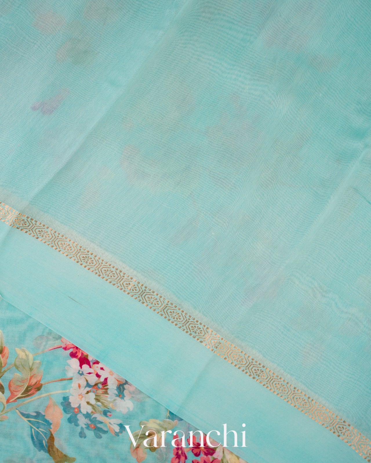 Aqua Blue Digital Printed Cotton Saree