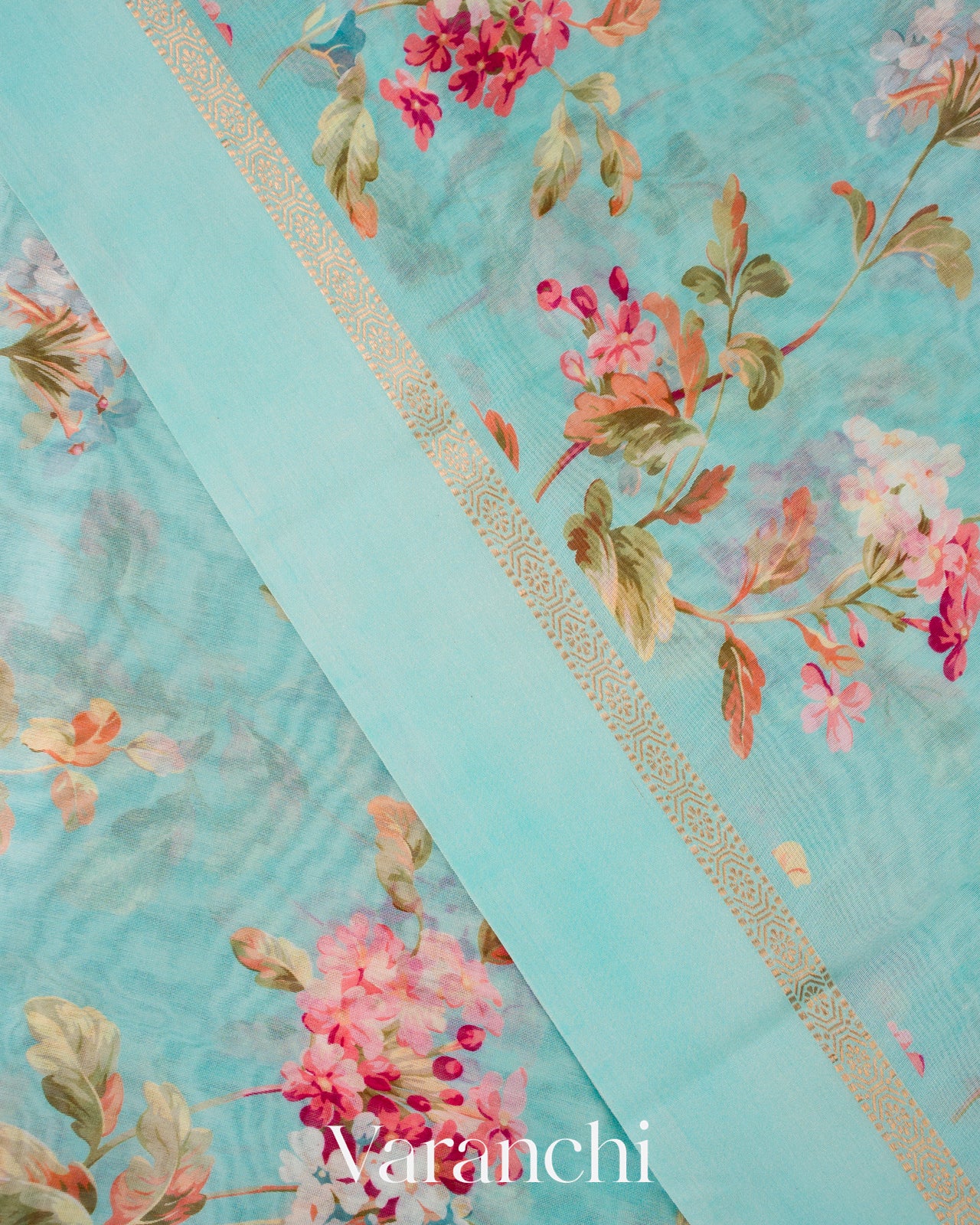 Aqua Blue Digital Printed Cotton Saree