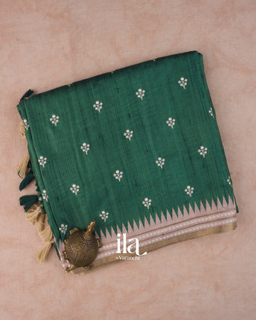 Teal Green Floral Applique Semi Tussar Silk Saree 