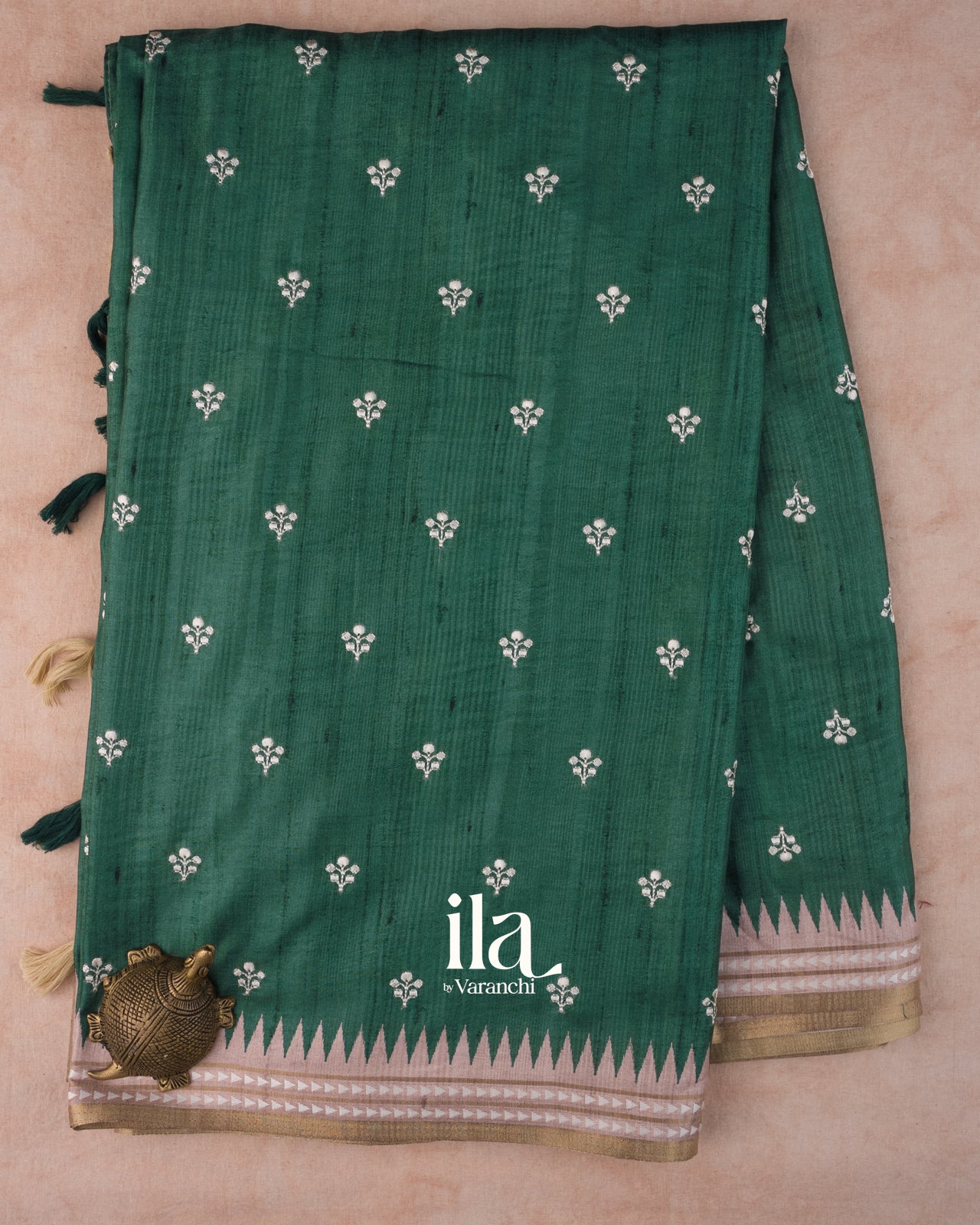 Teal Green Floral Applique Semi Tussar Silk Saree 