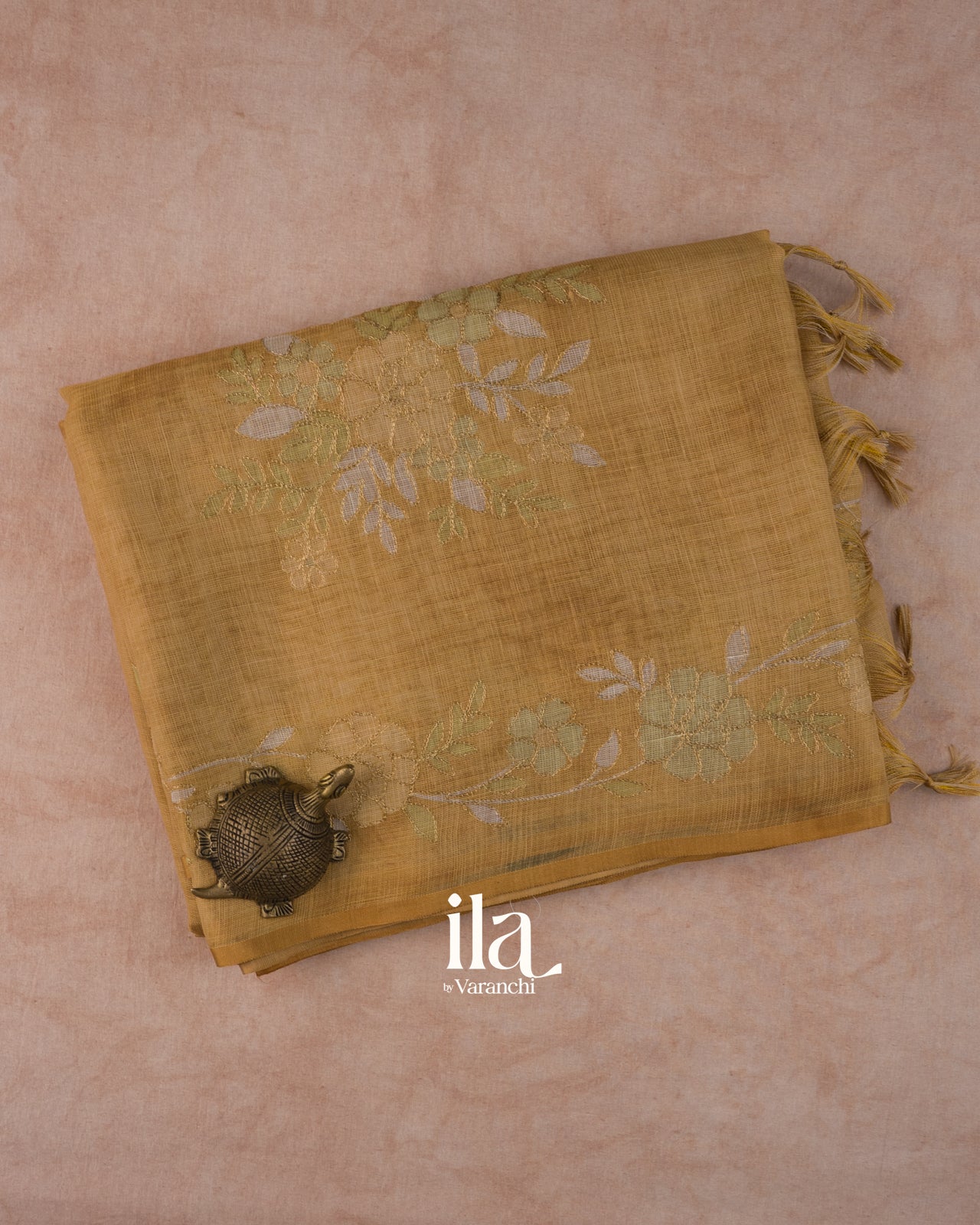 Golden Yellow Hand-Painted and Embroidered Pure Linen Tissue Saree