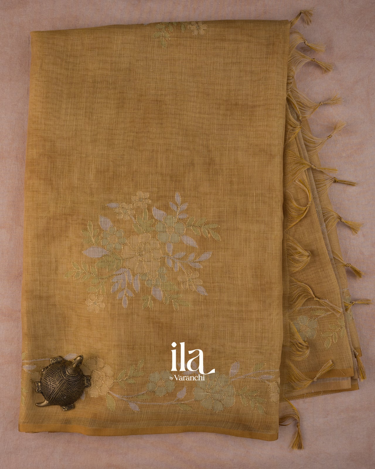 Golden Yellow Hand-Painted and Embroidered Pure Linen Tissue Saree