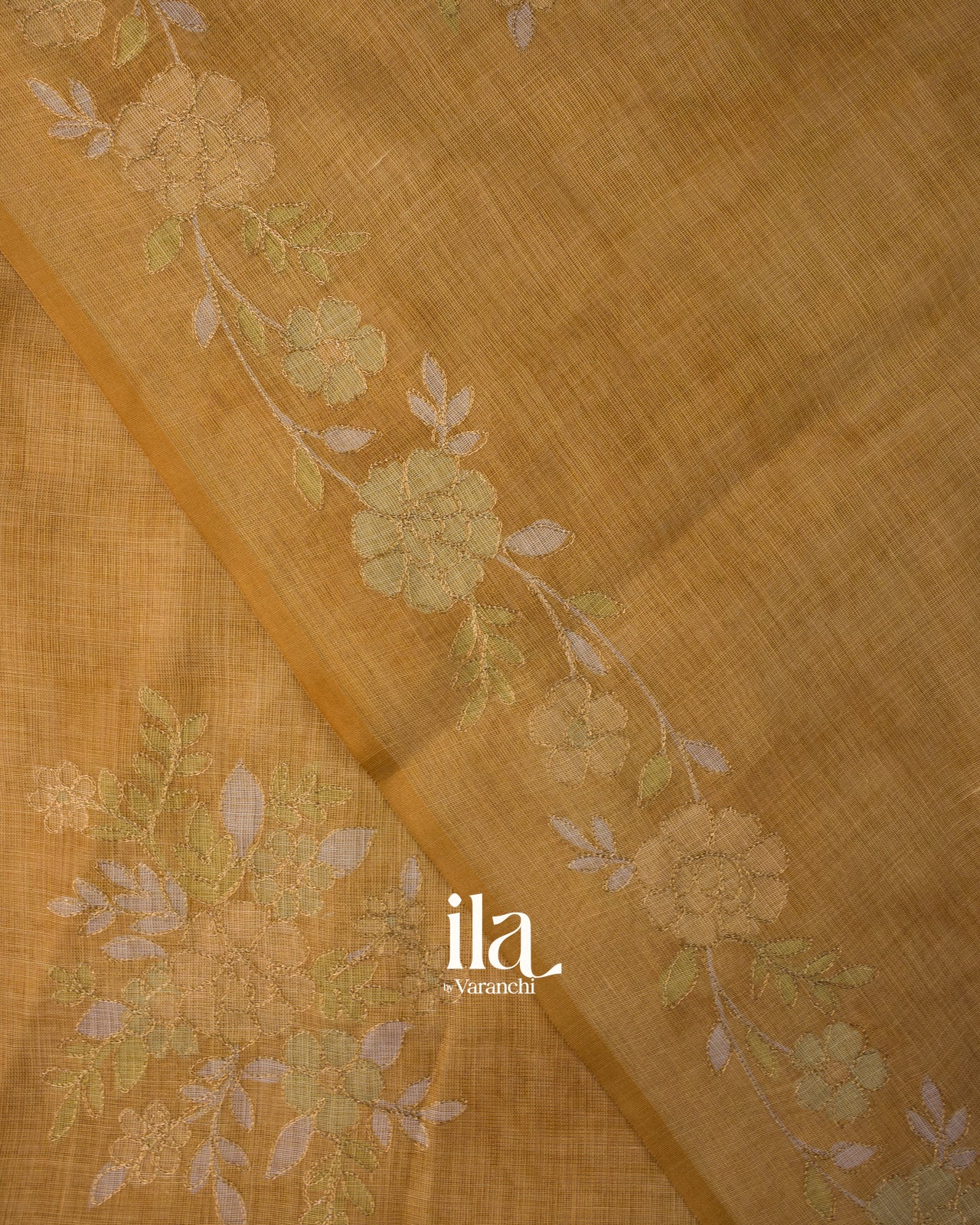 Golden Yellow Hand-Painted and Embroidered Pure Linen Tissue Saree