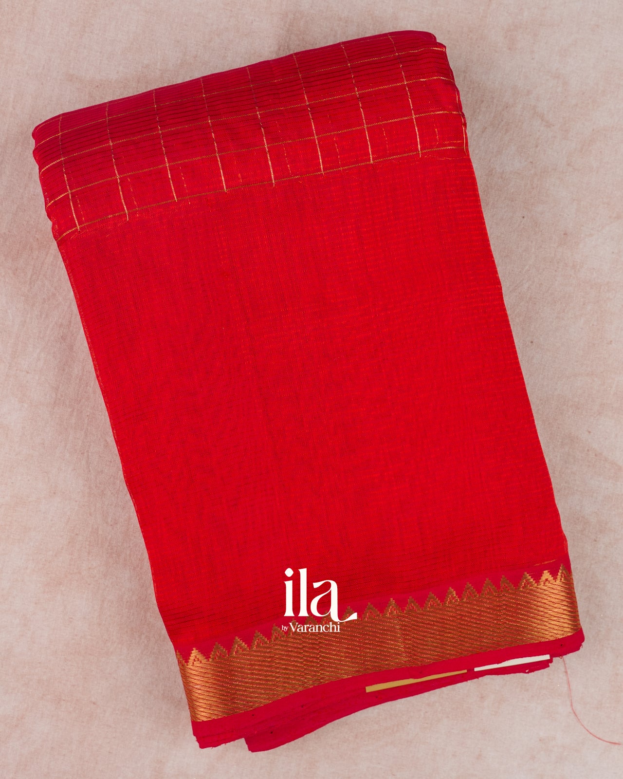 Crimson Red Checkered Semi Mangalgiri Silk Cotton Saree 