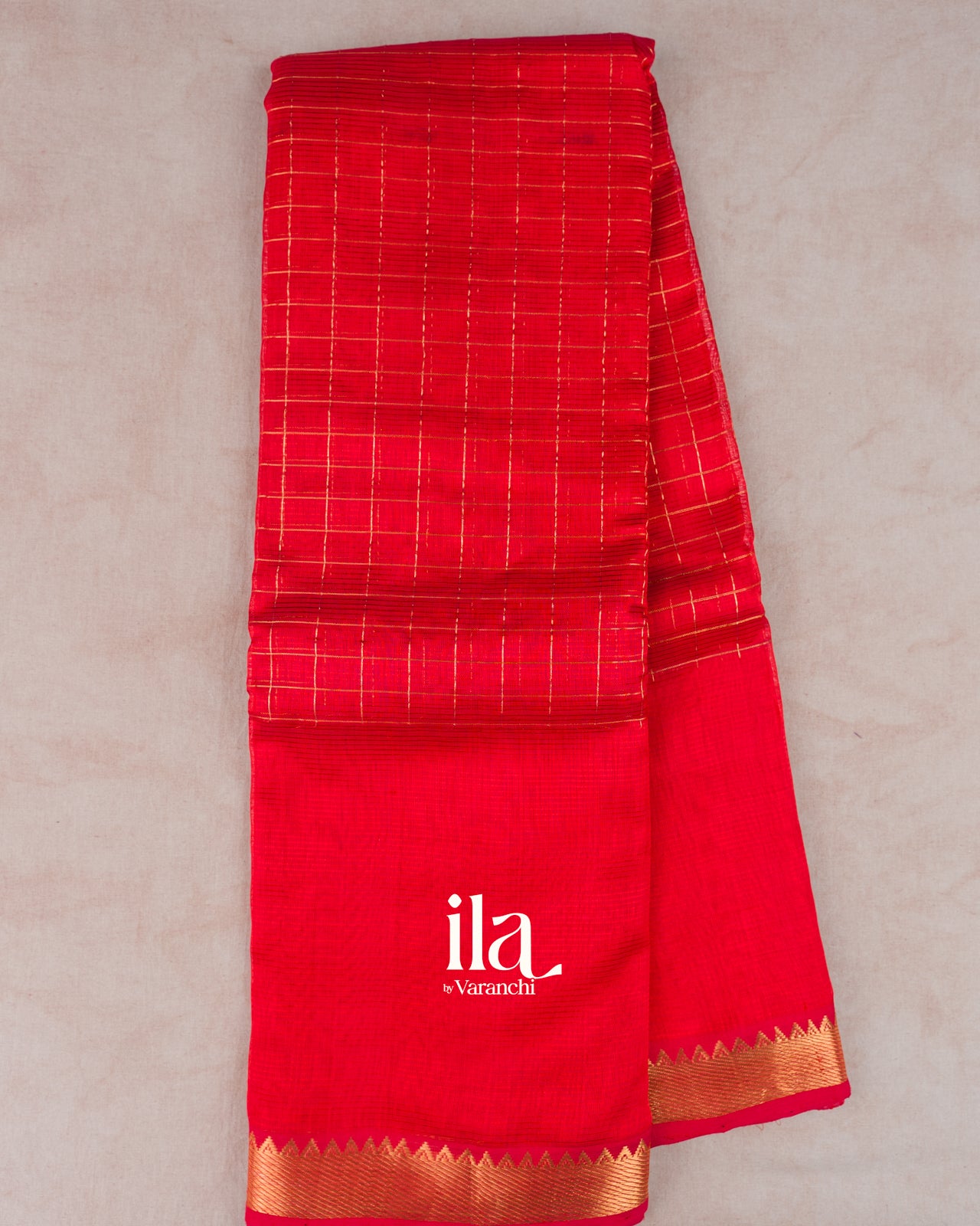 Crimson Red Checkered Semi Mangalgiri Silk Cotton Saree 