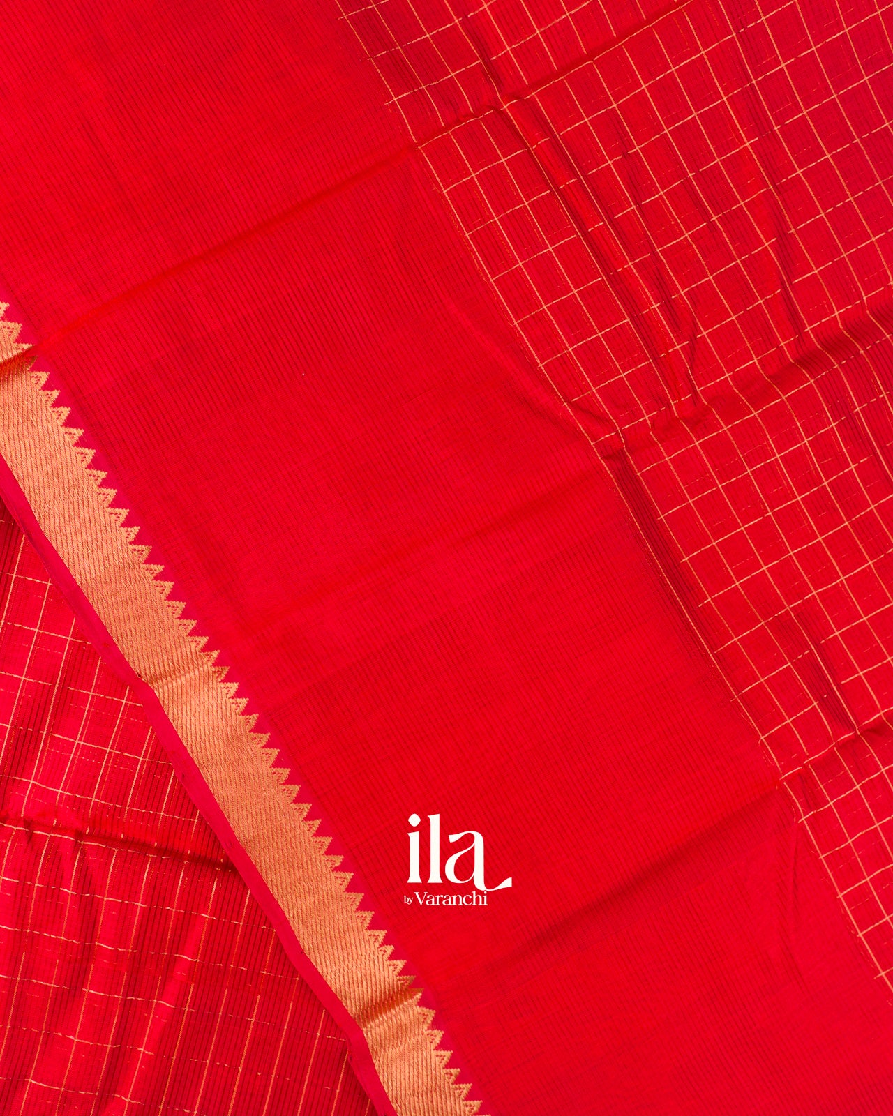 Crimson Red Checkered Semi Mangalgiri Silk Cotton Saree 