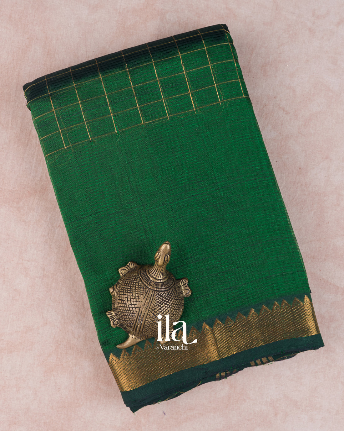 Deep Forest Green Checkered Semi Mangalgiri Silk Cotton Saree