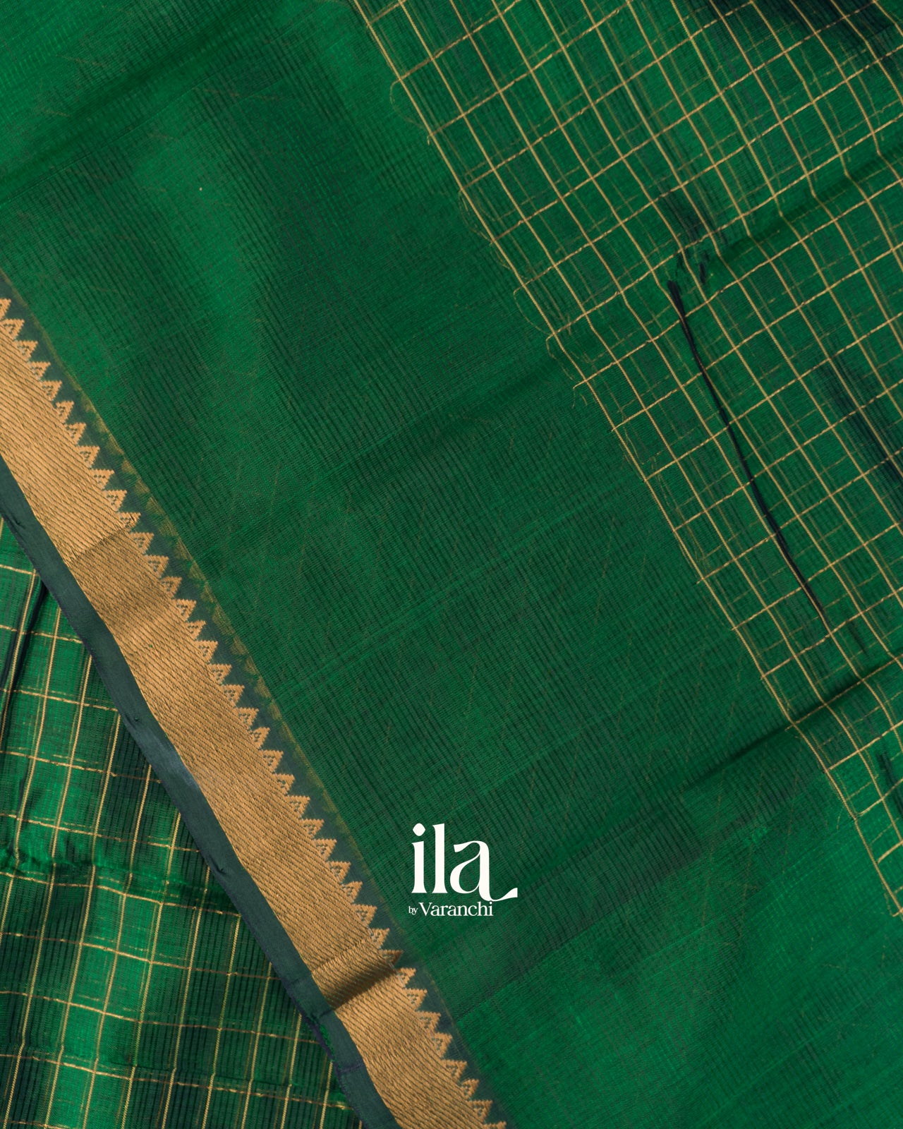 Deep Forest Green Checkered Semi Mangalgiri Silk Cotton Saree