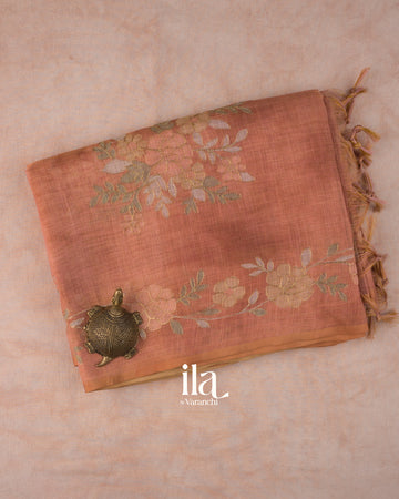Rustic Copper Hand-Painted and Embroidered Semi Linen Tissue Saree 