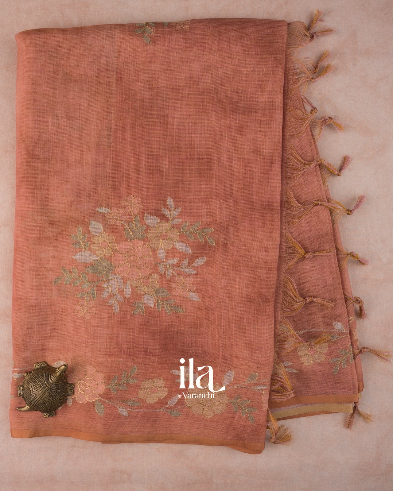 Rustic Copper Hand-Painted and Embroidered Semi Linen Tissue Saree 