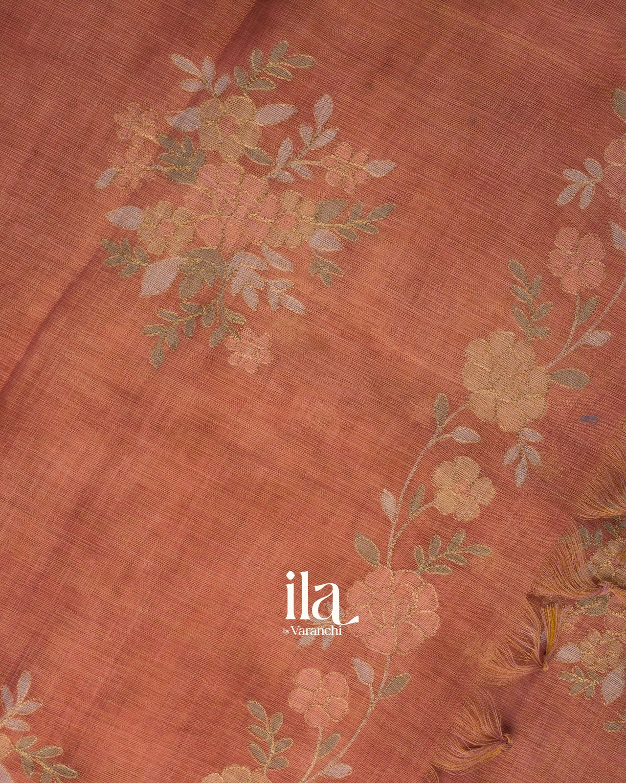 Rustic Copper Hand-Painted and Embroidered Semi Linen Tissue Saree 