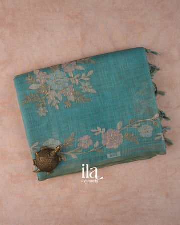 Teal Blue Hand-Painted and Embroidered Semi Linen Tissue Saree 