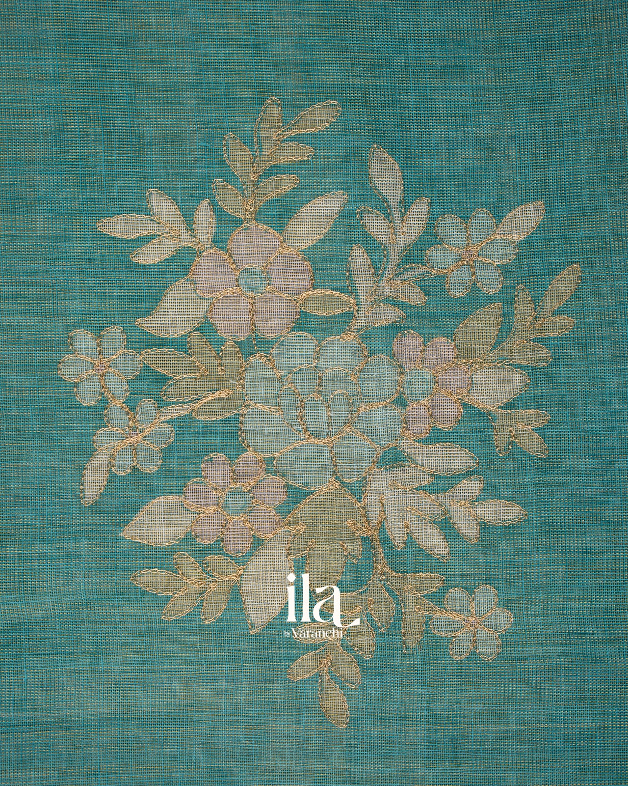 Teal Blue Hand-Painted and Embroidered Semi Linen Tissue Saree 
