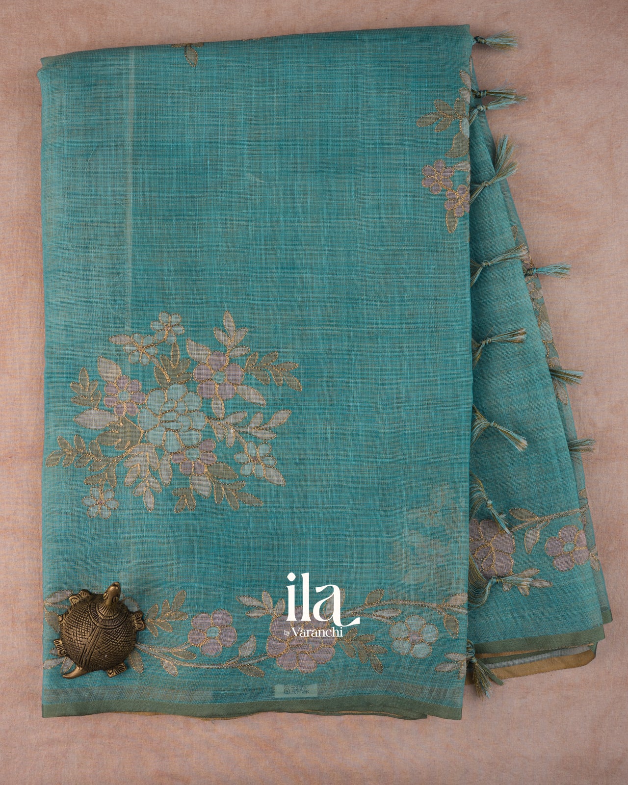 Teal Blue Hand-Painted and Embroidered Semi Linen Tissue Saree 