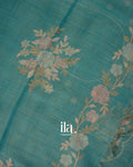 Teal Blue Hand-Painted and Embroidered Semi Linen Tissue Saree 
