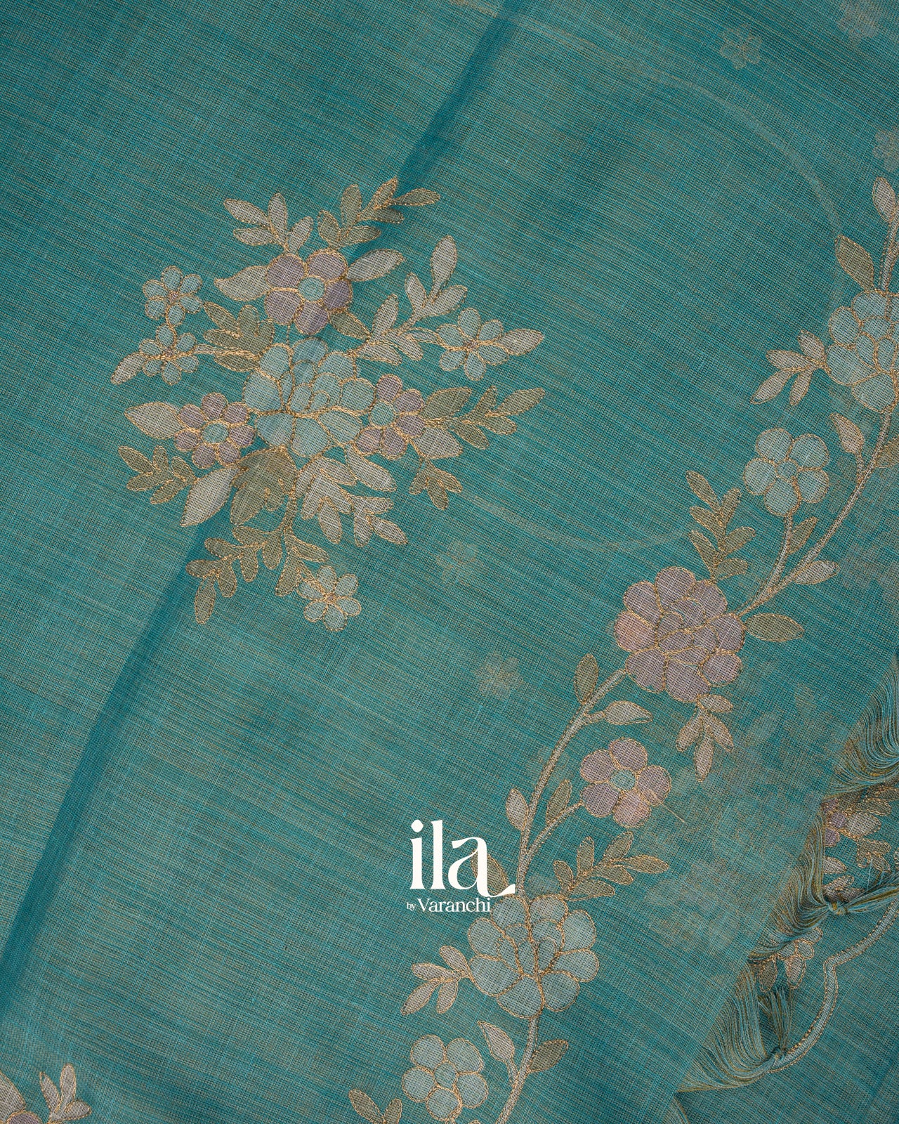 Teal Blue Hand-Painted and Embroidered Semi Linen Tissue Saree 