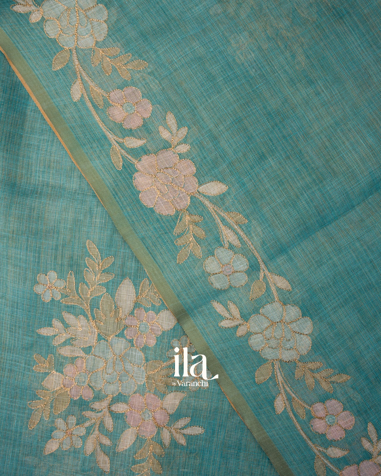 Teal Blue Hand-Painted and Embroidered Semi Linen Tissue Saree 