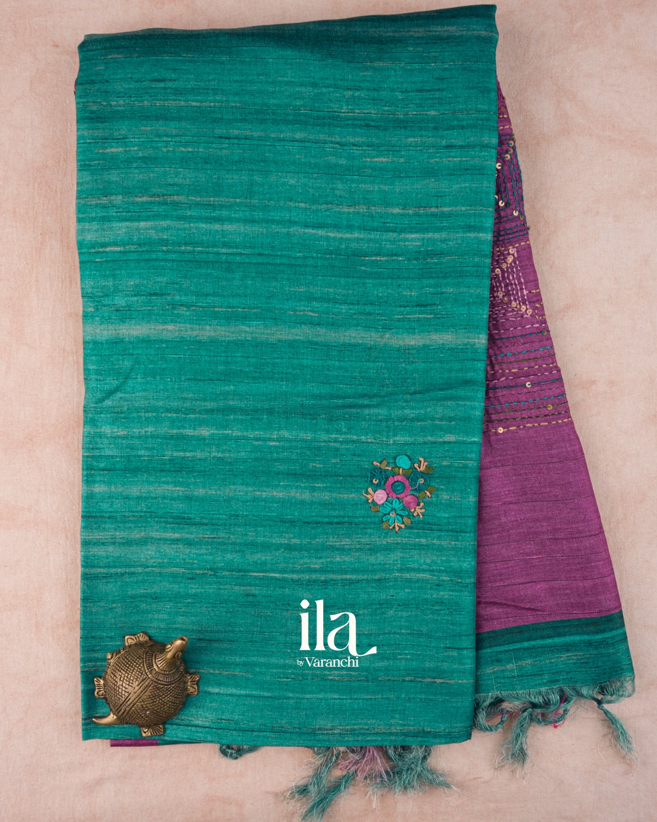 Purple and Turquoise Blue Embroidered Semi Tussar Silk Saree