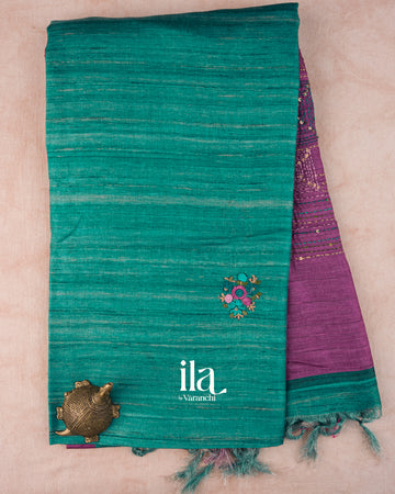 Purple and Turquoise Blue Embroidered Semi Tussar Silk Saree