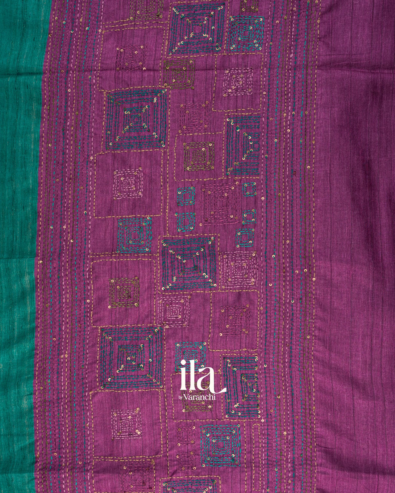 Purple and Turquoise Blue Embroidered Semi Tussar Silk Saree