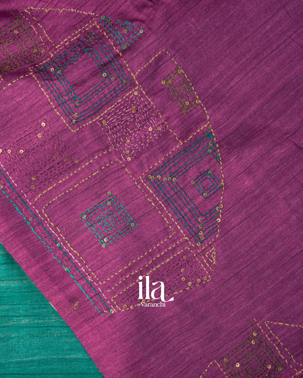 Purple and Turquoise Blue Embroidered Semi Tussar Silk Saree