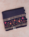 Navy Blue Checks and  Floral Emboidered Semi Silk Saree 