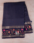Navy Blue Checks and  Floral Emboidered Semi Silk Saree 
