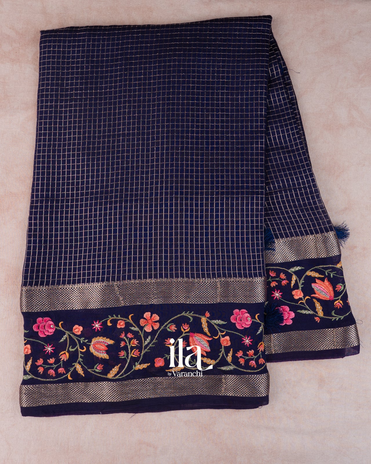 Navy Blue Checks and  Floral Emboidered Semi Silk Saree 