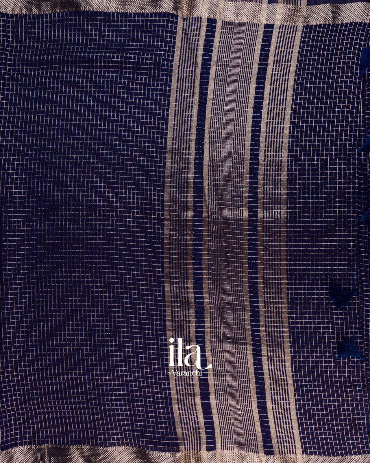 Navy Blue Checks and  Floral Emboidered Semi Silk Saree 