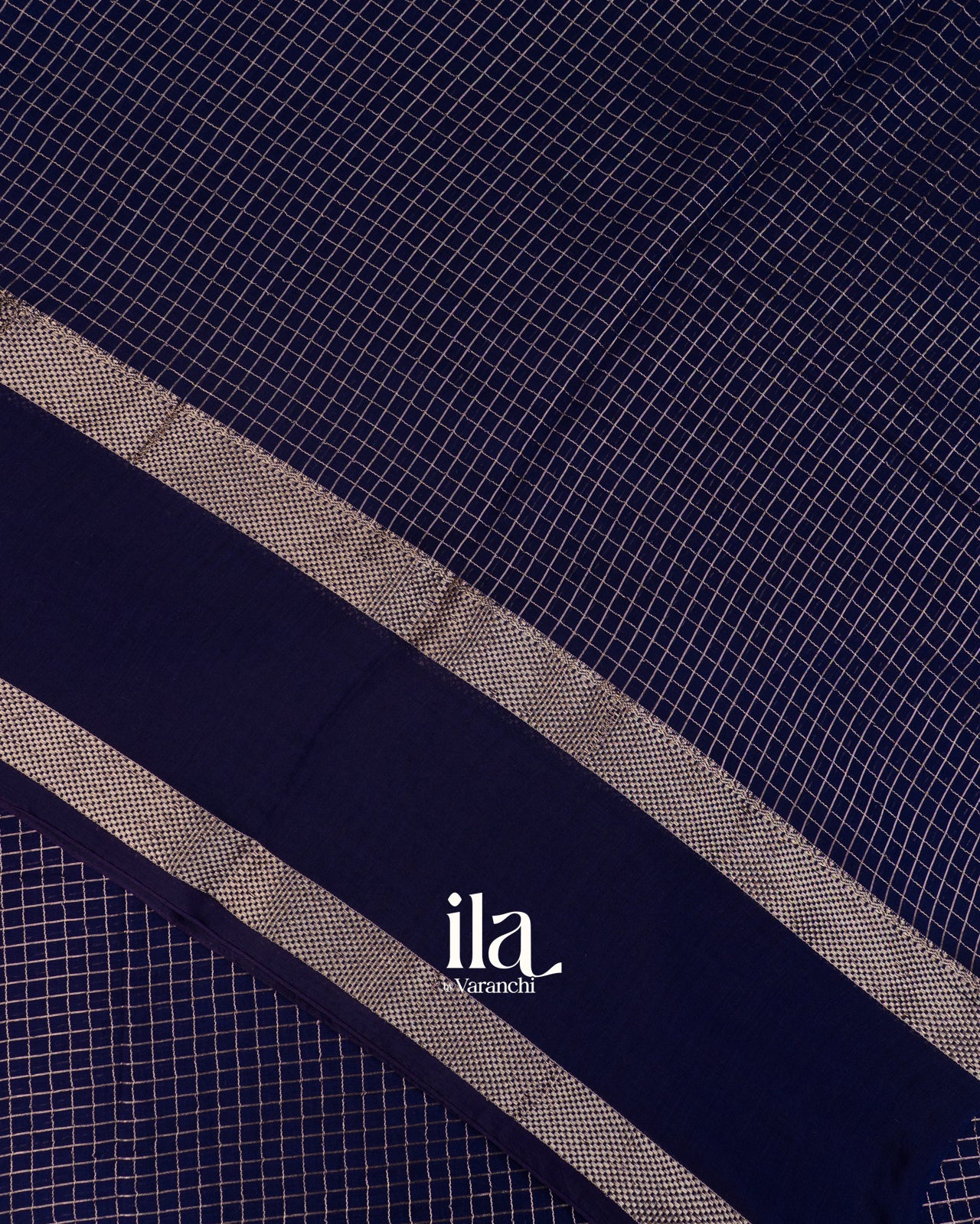 Navy Blue Checks and  Floral Emboidered Semi Silk Saree 