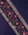 Navy Blue Checks and  Floral Emboidered Semi Silk Saree 