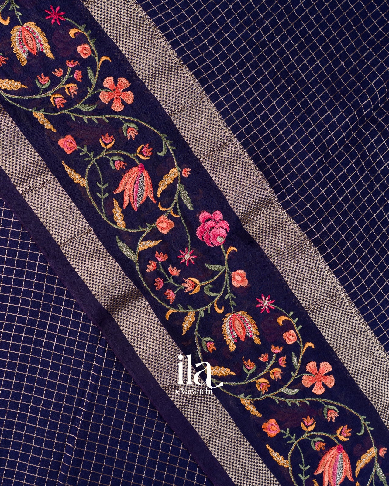 Navy Blue Checks and  Floral Emboidered Semi Silk Saree 