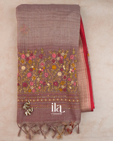 Muted Mauve Floral Embroidered Semi Linen Tissue Saree