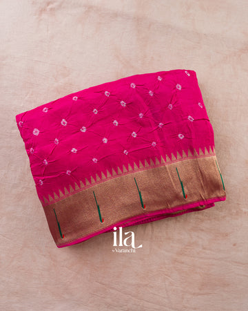 Rani Pink Bandhani Semi Silk Saree -Folded