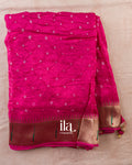 Rani Pink Bandhani Semi Silk Saree -Long Folded