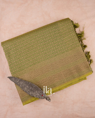 Olive Green Brocade Semi Banarasi Silk Saree
