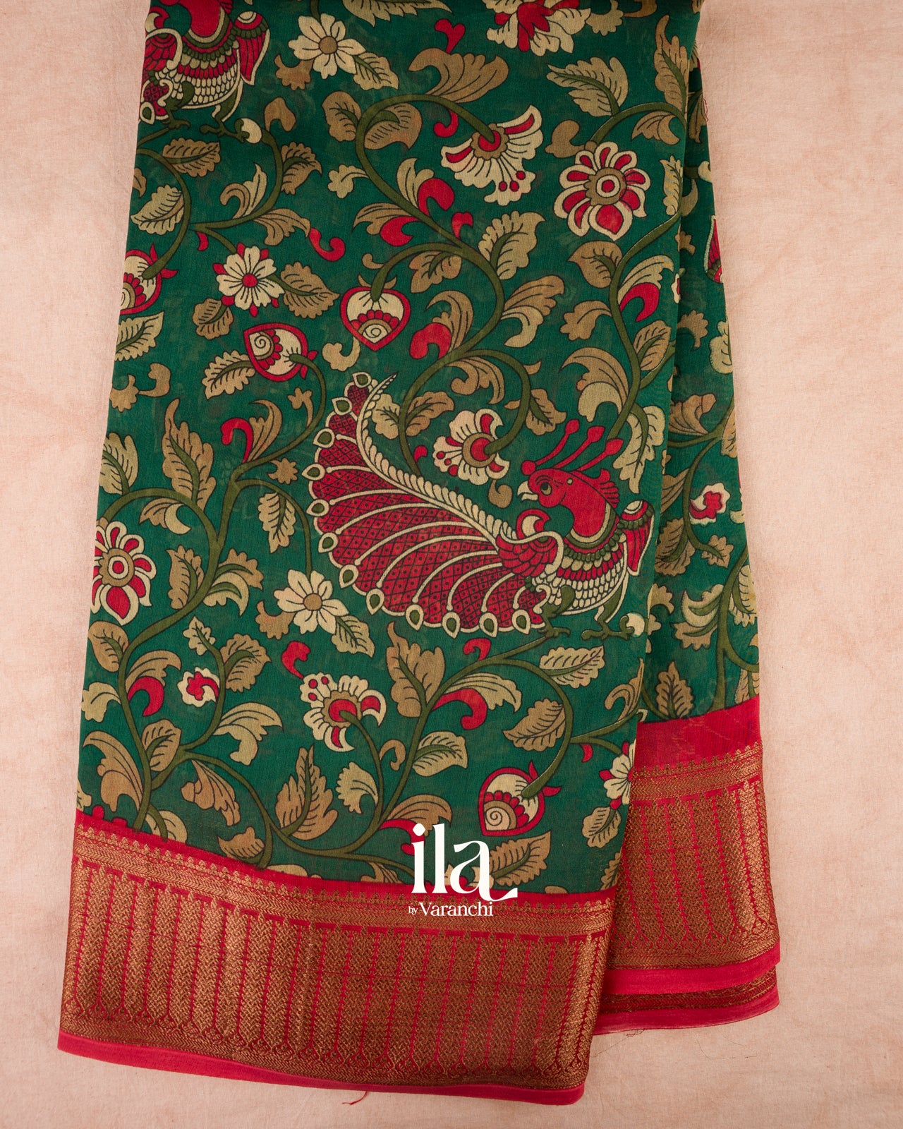 Bottle Green Kalamkari Pure Chanderi Cotton Saree