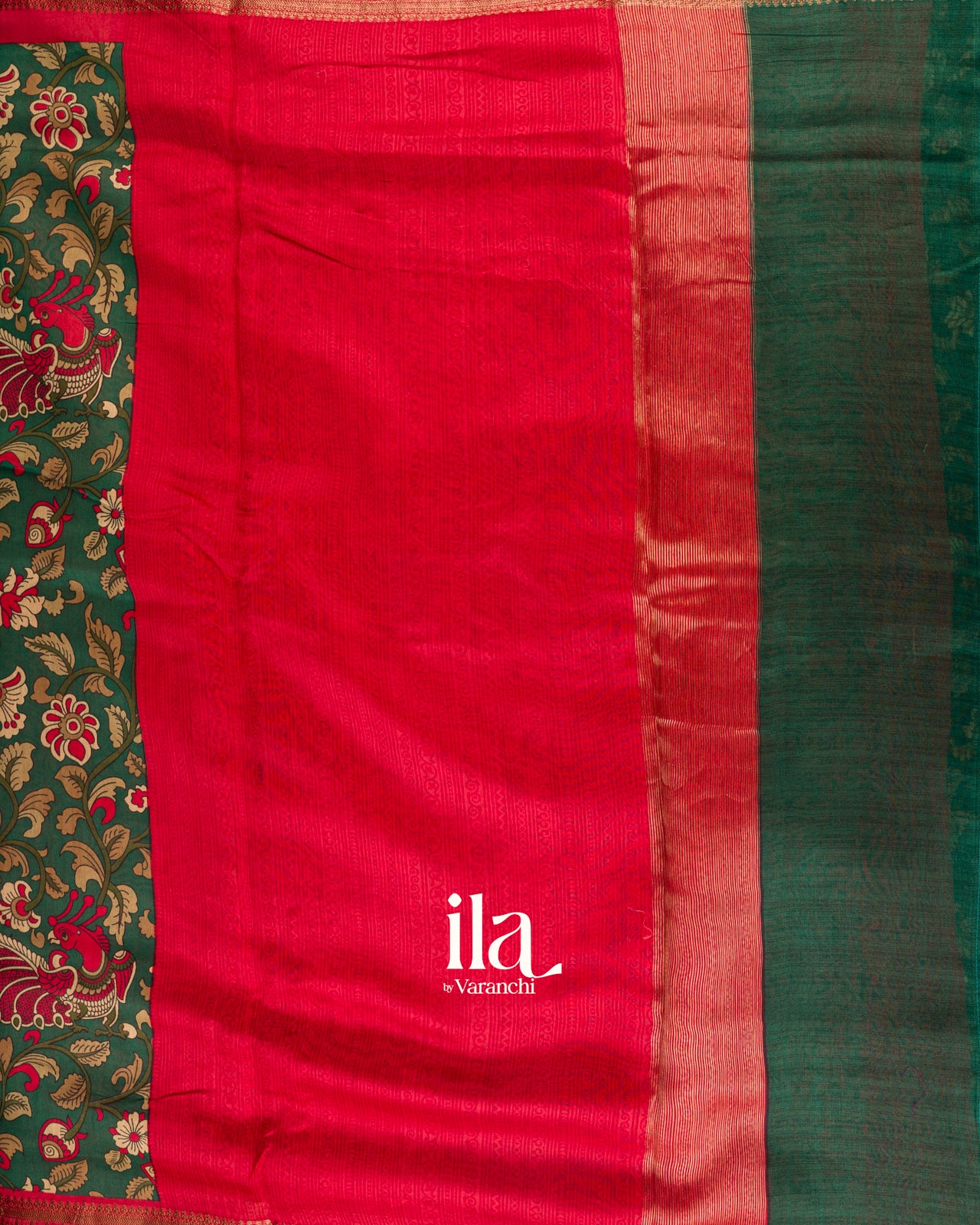 Bottle Green Kalamkari Pure Chanderi Cotton Saree